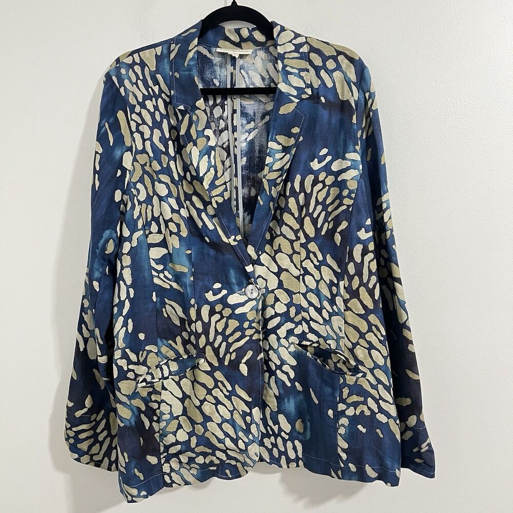 Coldwater Creek Linen Blend Blazer Jacket Size L Teal Blue Printed Abtract 70s